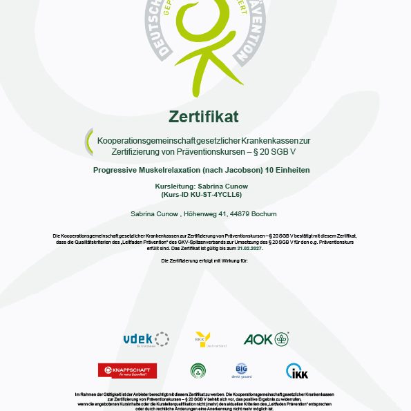 Zertifikat Progressive Muskelrelaxation - Ruhe und Entspannung Bochum