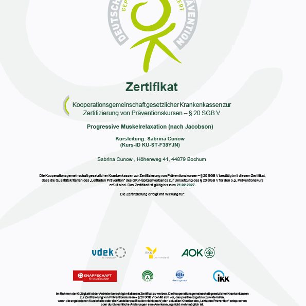 Zertifikat Progressive Muskelrelaxation - Sabrina Cunow